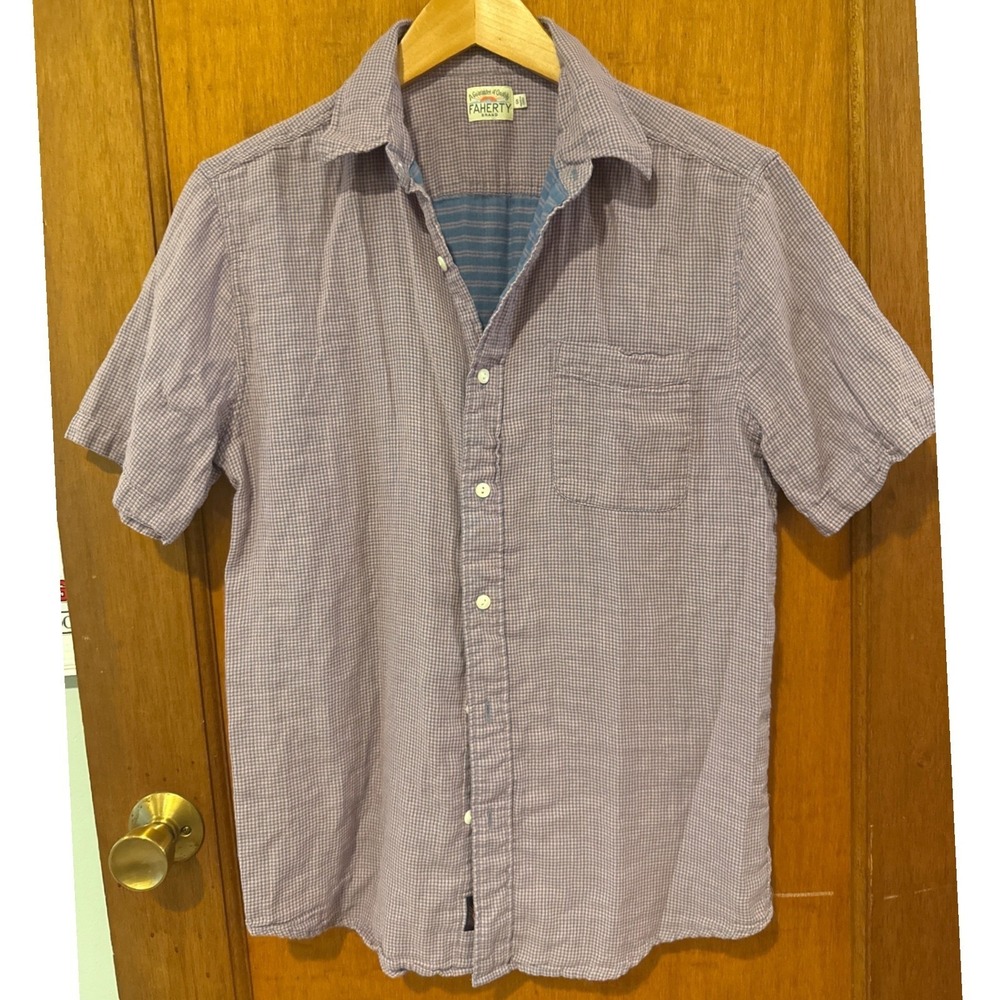 Faherty‎ mens button down Small cotton soft pink blue short sleeve EUC pocket